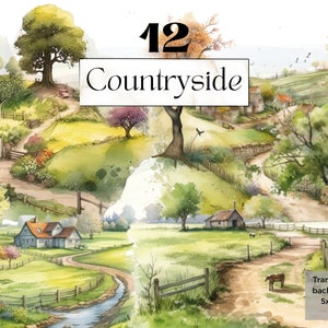 Aquarelle campagne Clipart Png, imprimable rustique ferme paysage peinture, Western svg, Junk journal fait à la main, Scrapbooking éphémères