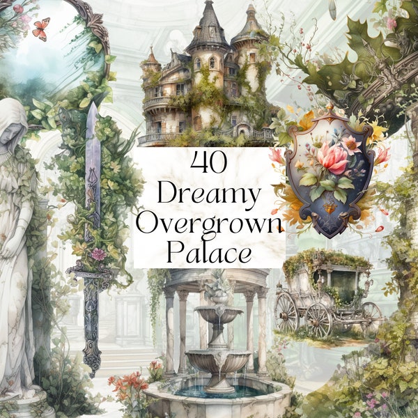 Watercolor Dreamy Overgrown Palace Png Clipart, Printable Fairytale Storybook Invitation Art Print Decor Svg, Magical Junk Journal Ephemera