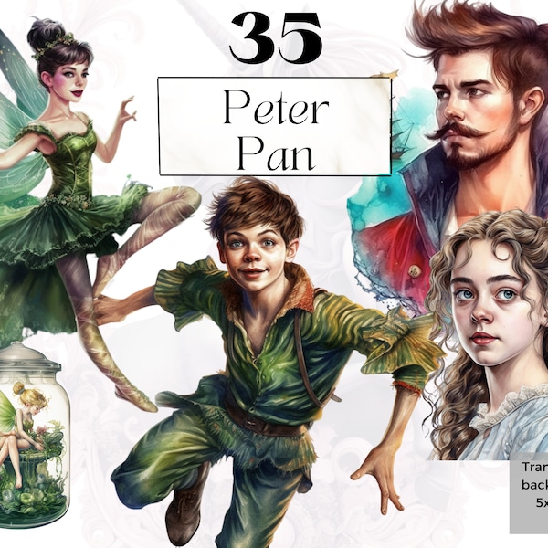 Aquarelle Peter Pan Clipart png, svg imprimable fée clochette Neverland, pirate de conte de fées magique Junk Journal éphémères, impression d'art Peter Pan