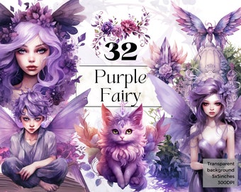Watercolor Purple Fairy Clipart Png, Printable Fairytale Mystical Garden Fairy Sublimation Art Files Print, Fantasy Junk Journal Handmade