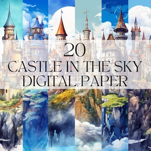 Castello dell'acquerello nel cielo carta digitale, Png magico fantasy stampabile, Howls Moving Castle Stampa artistica Download digitale Svg Uso commerciale