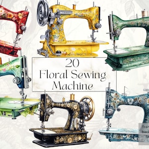 Watercolor Floral Sewing Machine Png Clipart, Printable Vintage Antique Tailor Wall Art Print Decor, Seamtress Planner Junk Journal Ephemera