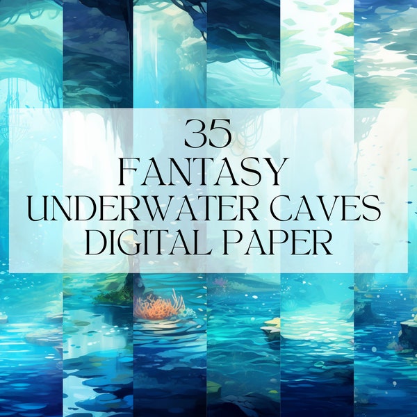 Watercolor Fantasy Underwater Caves Digital Paper, Printable Underwater Grotto Png, Mystical Art Print Digital Download Svg Commercial Use