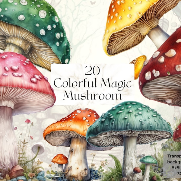 Aquarell bunte magische Pilz Png Clipart, druckbare Fantasy Märchen Fliegenpilz Art Print Geschenk Dekor svg, Magic Junk Journal Ephemera