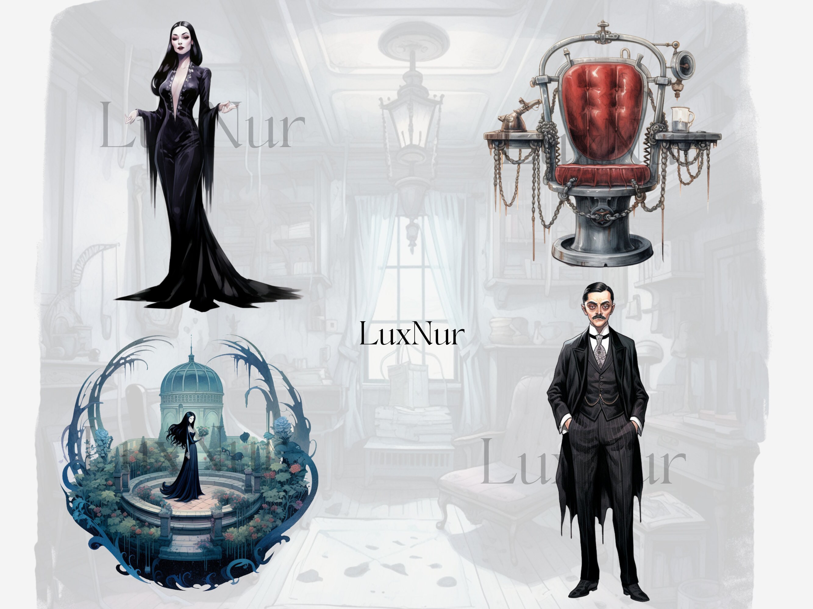 Watercolor Halloween Family Clipart Printable Addams Art - Etsy