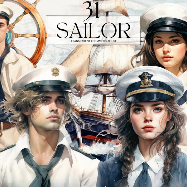 Watercolor Sailor Clipart, Printable Sea Captain Profession Png, Mariner Cruise Ship Navigator Art Print Digital Download Svg Commercial Use