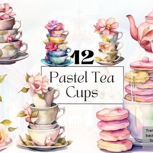 Watercolor Pastel Teacups Clipart Png, Printable Tea Party, Free Commercial Use, For Kids Birthday Invites, Card Making, Stickers, Journals