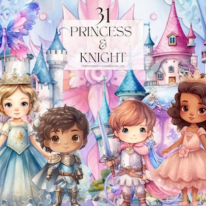 Acquerello principessa e cavaliere Clipart, stampabile fiaba bambini illustrazioni, drago, unicorno, fata, rosa blu digitale Download png svg