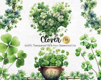 Watercolor Clover Clipart, Printable Fantasy Shamrock Png, Botanical Four Leaf Clover Art Print Digital Download Svg Free Commercial Use