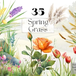 Aquarelle printemps herbe Clipart Png, jardin de ferme rustique imprimable, printemps herbe fleurs décor svg, Nature Junk journal fait à la main