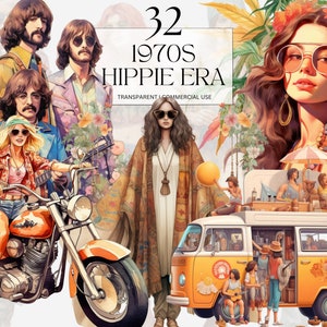 Aquarelle des cliparts hippie des années 1970, impression d'art mode rétro des années 1970, vintage Flower Power png, Junk Journal fait main en téléchargement numérique