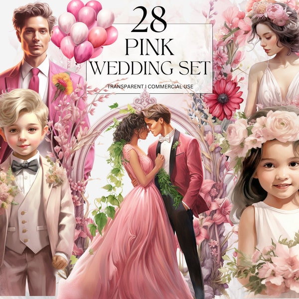Watercolor Wedding Clipart, Printable Pink Wedding Day Art Print, Bridal Party Invitation png, Love Junk Journal Handmade Digital Download