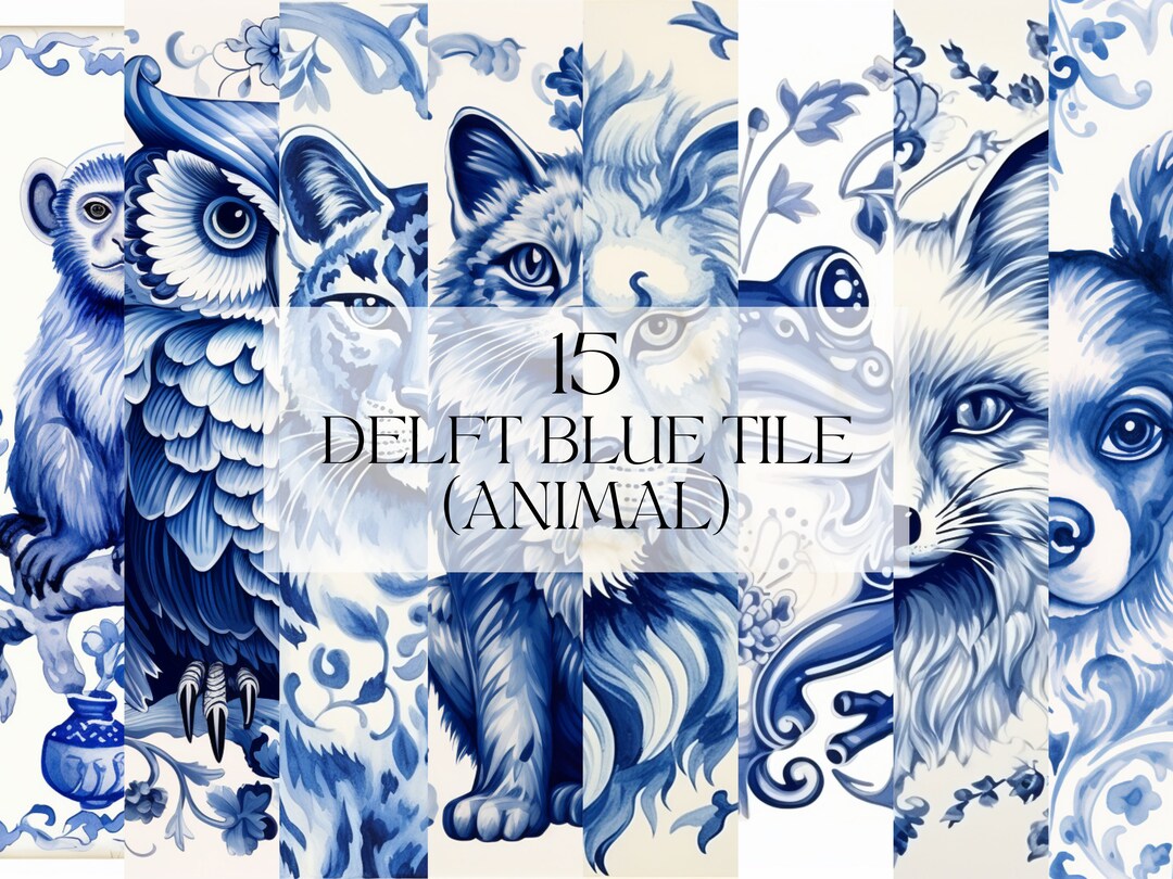 Watercolor Delft Blue Tile Animal Digital Paper, Printable Geometric ...