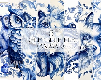 Watercolor Delft Blue Tile Animal Digital Paper, Printable Geometric Pattern Png, Seamless Art Print Digital Download Svg Commercial Use