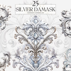 Aquarel zilver damast clipart, afdrukbare 25e verjaardag abstract decor PNG luxe bruiloft Art Print digitale download SVG commercieel gebruik