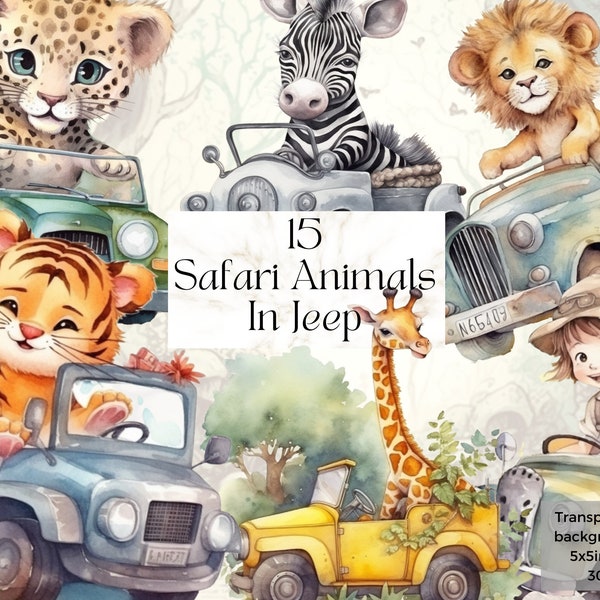 15 Printable Safari Baby Animal in Jeep Png Clipart, Watercolor Jungle Animal Baby Nursery Wall Art Decor, Baby Shower Invitation Print Svg