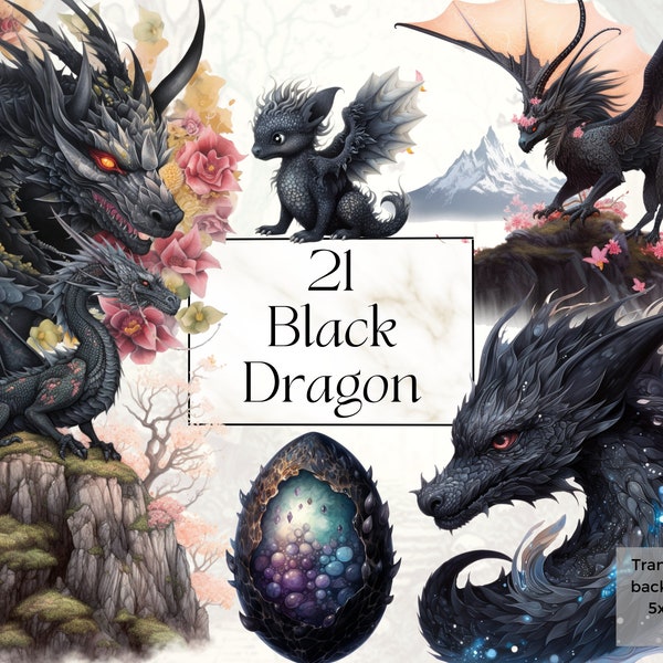 21 Watercolor Black Dragon Clipart Png, Printable Dark Magical Beast Art Print Decor, Fantasy Mystical Junk Journal Ephemera, Digital Svg