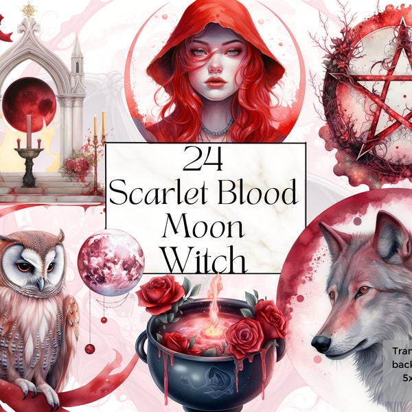 Watercolor Scarlet Blood Moon Witch Png Clipart, Printable Red Witch Dark Academia Pagan Art Print Decor, Fantasy Magic Junk Journal Ephemer