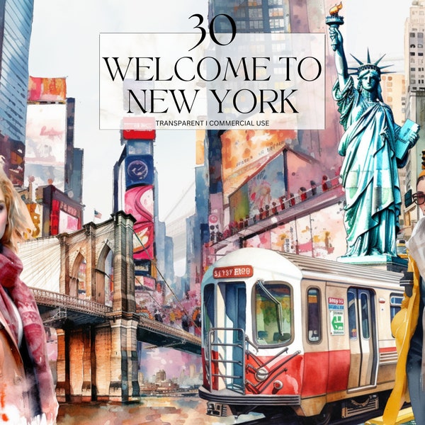 Aquarelle New York Clipart, Imprimable new york city skyline svg, Travel Itinerary Art Print Png, États-Unis USA Junk Journal Handmade