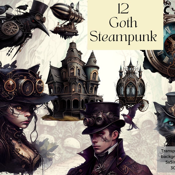 Goth Steampunk Pack Printable Watercolor Clipart, Halloween Horror Victorian Wall Decor, Girly Gothic Junk Journal Prints PNG, digital print