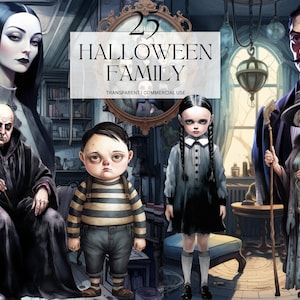 Clipart famille Halloween aquarelle, impression d'art Addams, famille gothique Png fantasmagorique Halloween Junk Journal fait main usage Commercial Svg