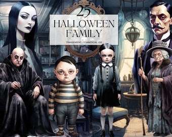 Clipart de familia de Halloween en acuarela, impresión artística de Addams imprimible, familia gótica Png, diario basura de Halloween espeluznante, uso comercial hecho a mano Svg