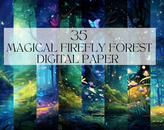Watercolor Magical Firefly Forest Digital Paper, Printable Enchanted Fairytale Png Dark Forest Art Print Digital Download Svg Commercial Use
