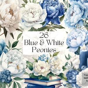 Aquarela Azul e Branco Peônias Png Clipart, Imprimível Floral Bouquet De Casamento Convite Art Print Gift svg, Flower Junk Journal Ephemera