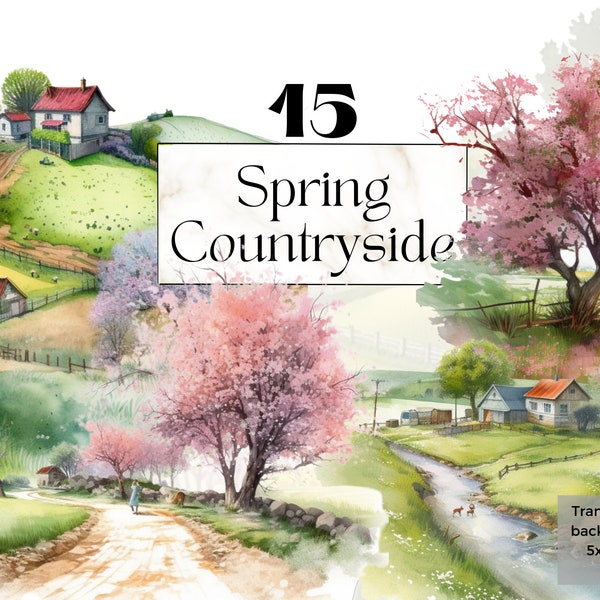 Watercolor Spring Countryside Clipart Png, Printable Rustic Farmhouse Landscape Painting Svg, Junk journal handmade, Scrapbooking Ephemera