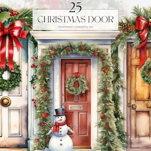 Watercolor Christmas Door Clipart, Printable Botanical Holiday Doorway Png, Cozy Christmas Eve Art Print Digital Download Svg Commercial Use