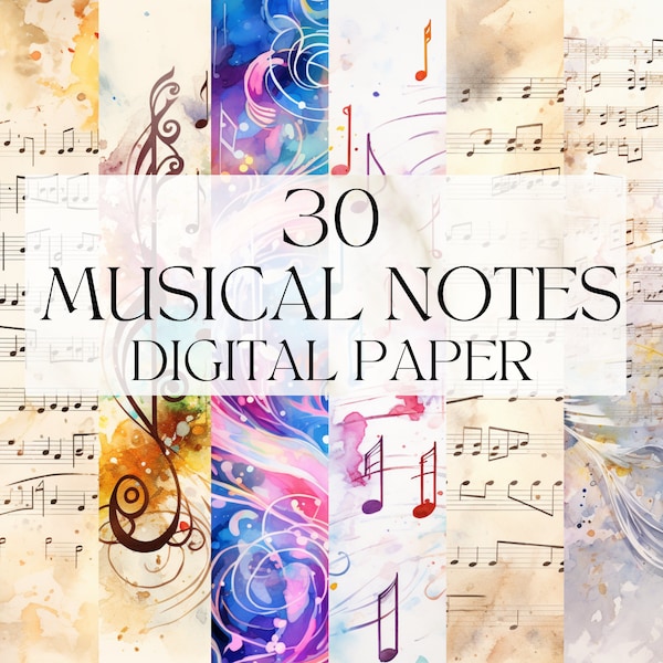 Watercolor Musical Notes Digital Paper, Printable Fantasy Music Stationary Png, Magical Melody Art Print Digital Download Svg Commercial Use