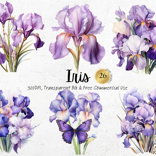 Watercolor Iris Clipart, Printable Purple Spring Flower Art Print Png, Wild Iris Nature Botanical Floral Junk Journal Handmade Digital Svg