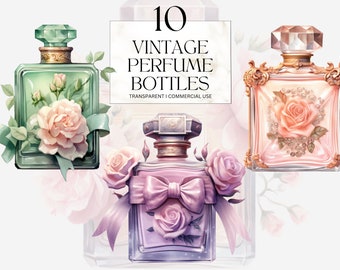 Vintage Perfume Bottle Clipart Printable Floral Pastel Vanity Watercolor Print Junk Journal Handmade Digital Download Png Svg Commercial Use