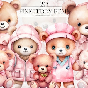 Aquarel roze teddybeer clipart, afdrukbare gender Reveal PNG, schattige pasgeboren beer pluche Art Print digitale download SVG commercieel gebruik