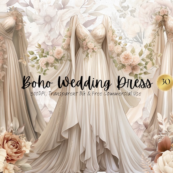 Watercolor Boho Wedding Dress Clipart, Printable Pastel Floral Ephemera Png, Fairy Dress Art Print Digital Download Svg Free Commercial Use