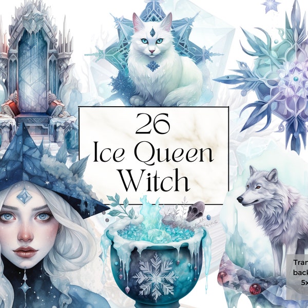 Watercolor Ice Queen Witch Clipart Png, Printable Frozen Snow Dark Academia Pagan Art Print Decor, Fantasy Winter Magic Junk Journal Ephemer