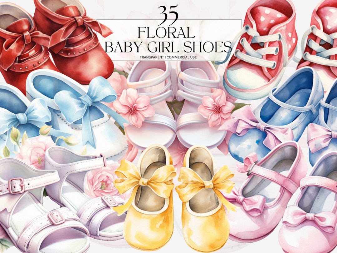 Watercolor Floral Baby Girl Shoes Clipart Printable Babyshower Etsy