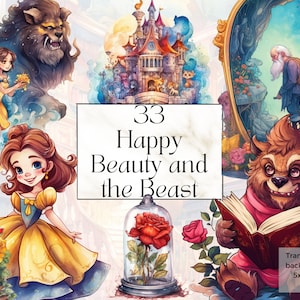 Acquerello La Bella e la Bestia Fantasy Png Clipart, Fiaba stampabile Disney Princess Stampa artistica Svg, Libro di fiabe magico Scrapbook Ephemera