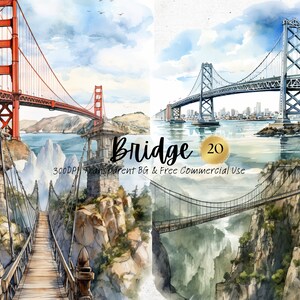 Puente de acuarela Clipart Imprimible Metrópolis Paisajes urbanos Png Arquitecto Paisaje escénico Impresión artística Descarga digital Svg Uso comercial gratuito