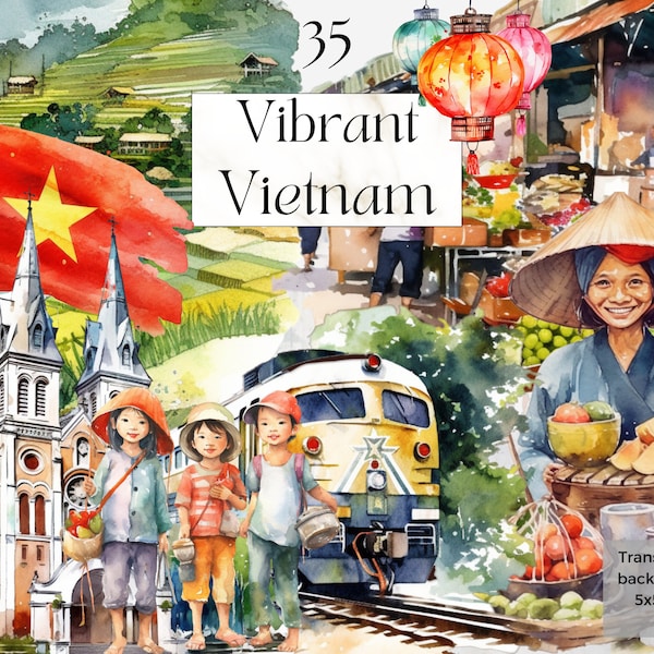 Watercolor Vietnam Clipart, Travel Printable Paper Asia, Food Clipart, Asian Watercolor Print, Travel Itinerary Art Svg, Free commercial use