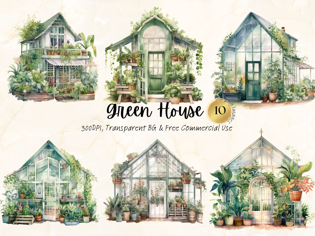Watercolor Green House Clipart Printable Nature Garden Plant Botanical Prints Digital Download ...