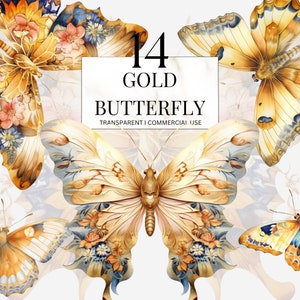 Aquarell Gold Floral Monarchfalter Clipart Printable Royal Spring Moth Art Junk Journal Handmade Digital Download Kommerzielle SVG Png