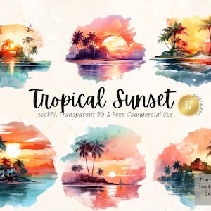 Aquarelle Tropical coucher de soleil Clipart plage vacances voyage océan graphique numérique Junk Journal fait à la main Png Svg Téléchargement instantané usage Commercial