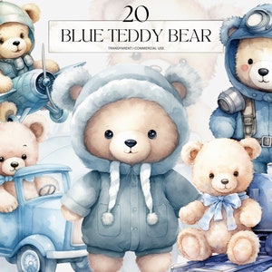 Aquarel blauwe teddybeer clipart, afdrukbare gender Reveal PNG, schattige pasgeboren beer pluche Art Print digitale download SVG commercieel gebruik