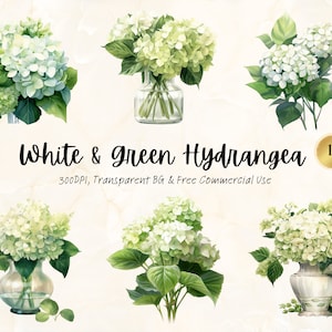 Aquarell weiß & grün Hortensie Clipart Printable Blumenpastell Hochzeit Garten Botanischer Junk Journal Selbstgemachte svg png digitaler Download