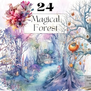 Aquarel magische bos clipart png, afdrukbare natuur groen muur kunst, fantasie lente blad decor svg, sprookjesachtige ongewenste dagboek handgemaakt