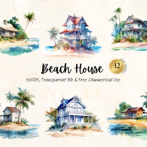 Aquarelle plage maison Clipart Png imprimable Beach Cottage paysage & paysage indésirable Journal fait à la main Png Svg téléchargement numérique usage Commercial