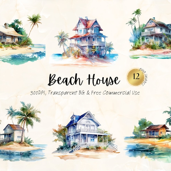 Watercolor Beach House Clipart Png Printable Beach Cottage Landscape & Scenery Junk Journal Handmade Png Svg Digital Download Commercial Use