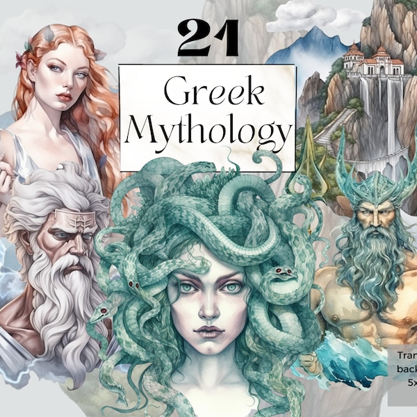 Mythologie grecque Clipart Png, SVG grec ancien imprimable, Aquarelle Méduse, Hermès, Aphrodite, Athéna, Artémis, Art numérique grec ancien