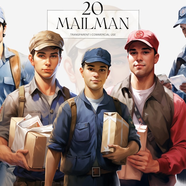 Watercolor Mailman clipart, Printable Postal Worker Png, Postman Mail Delivery Occupation Art Print Digital Download Svg Commercial Use